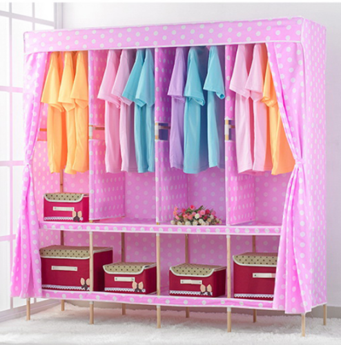 simple solid wood wardrobe oxford cloth reinforcement combination double hanging wardrobe