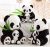 Cuddly mother and son panda eat bamboo doll