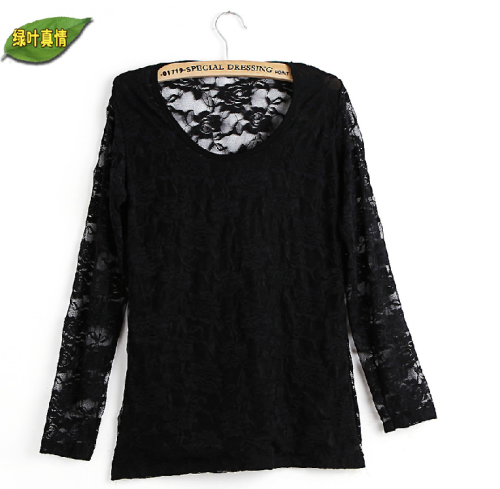 round Neck Mesh Green Leaf True Sexy Lace Long Sleeve Transparent Backless Bottoming Shirt