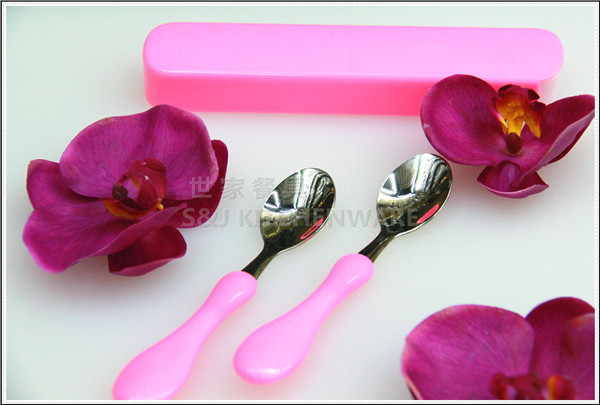 Portable picnic students candy color pull plastic boxes, plastic color light stainless steel spoon 2