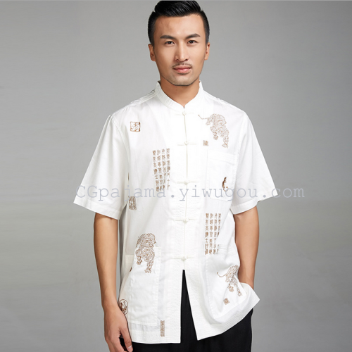 summer men‘s tang suit short-sleeved t-shirt embroidered shirt chinese casual tea tang suit top