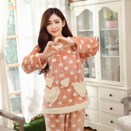 Women‘s Korean-Style Flannel Suit Winter Loose and Cute Princess Pajamas Long-Sleeved Pajamas