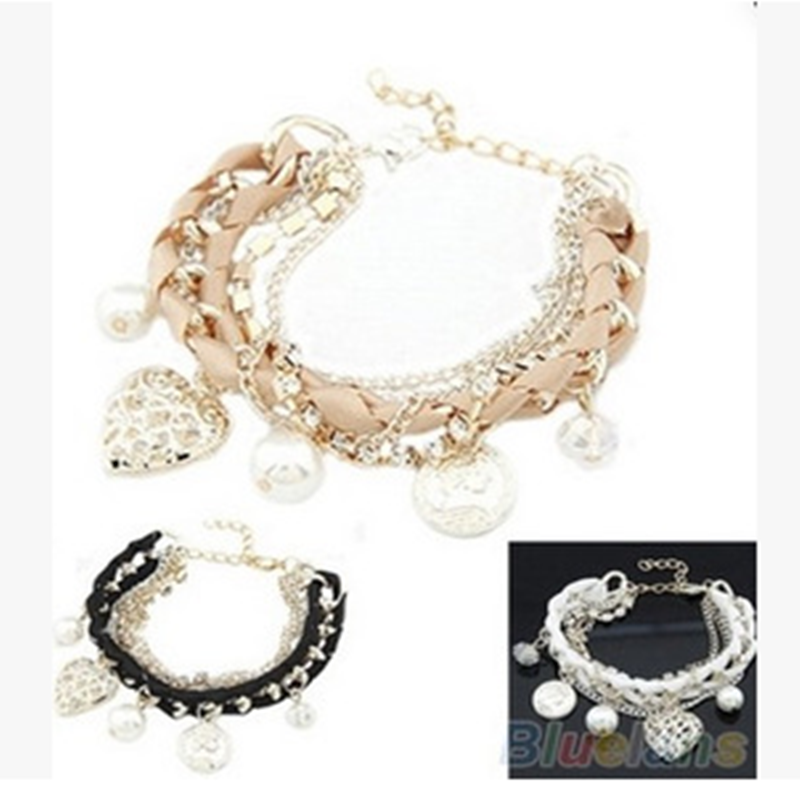 Hollow Heart Love Pearl round Brand Braided Rope Chain Multi-Layer Flash Brace Lace Bracelet