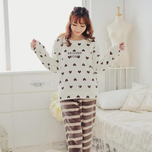 Autumn and Winter Thermal Flannel Pajamas Korean Style Love Long-Sleeved Trousers Coral Fleece Homewear