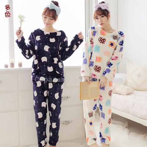 flannel pajamas set sweet cartoon women‘s autumn and winter thickened homewear