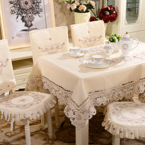 one-color embroidered fabric tablecloth pastoral embroidered round table dining table chair cover multi-piece set