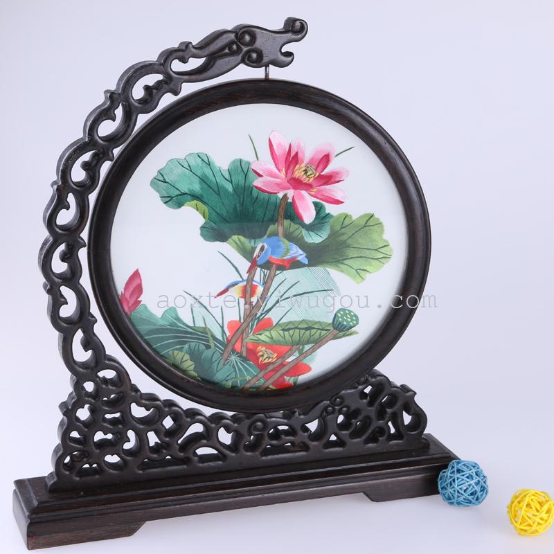 Supply Factory Direct Double Sided Embroidery Garden Lotus Pattern Circular Table Screen