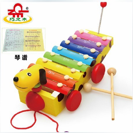 Children‘s Wooden Early Education Music Toy Wooden Puppy Trolley