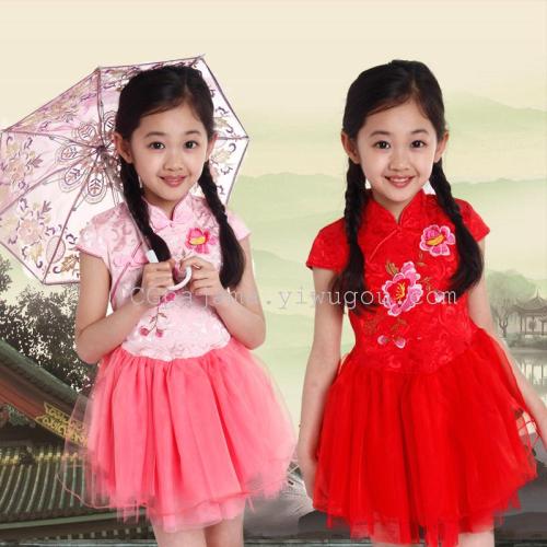 New Summer Children‘s Cheongsam Girls‘ Tang Costumes Cheongsam Guzheng Performance Costume Dress Gauze Dress