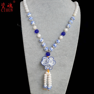 Ms porcelain soul original natural tridacna sweater chain diy beads blue and white porcelain long necklace