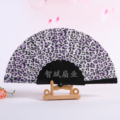 Consumer Direct Flat Leopard Print Silk Fan Plastic folding Fan Dance fan can be customized advertising fan