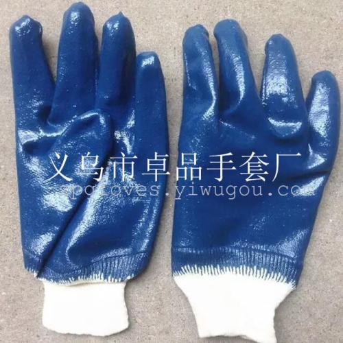 factory direct sales screw type flannel cotton cloth blue nitrile oil-resistant protective gloves tight mouth ding qing protective gloves