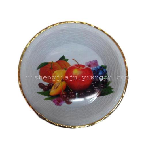 round Rattan-like Fruit Plate with Golden Edge Stained Paper RS-4540
