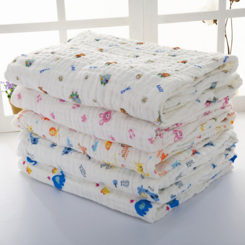 New Baby Colored Cotton Washed Gauze Bath Towel Quilt Cartoon Printed Baby Blanket 110*110 Air Conditioning Quilt