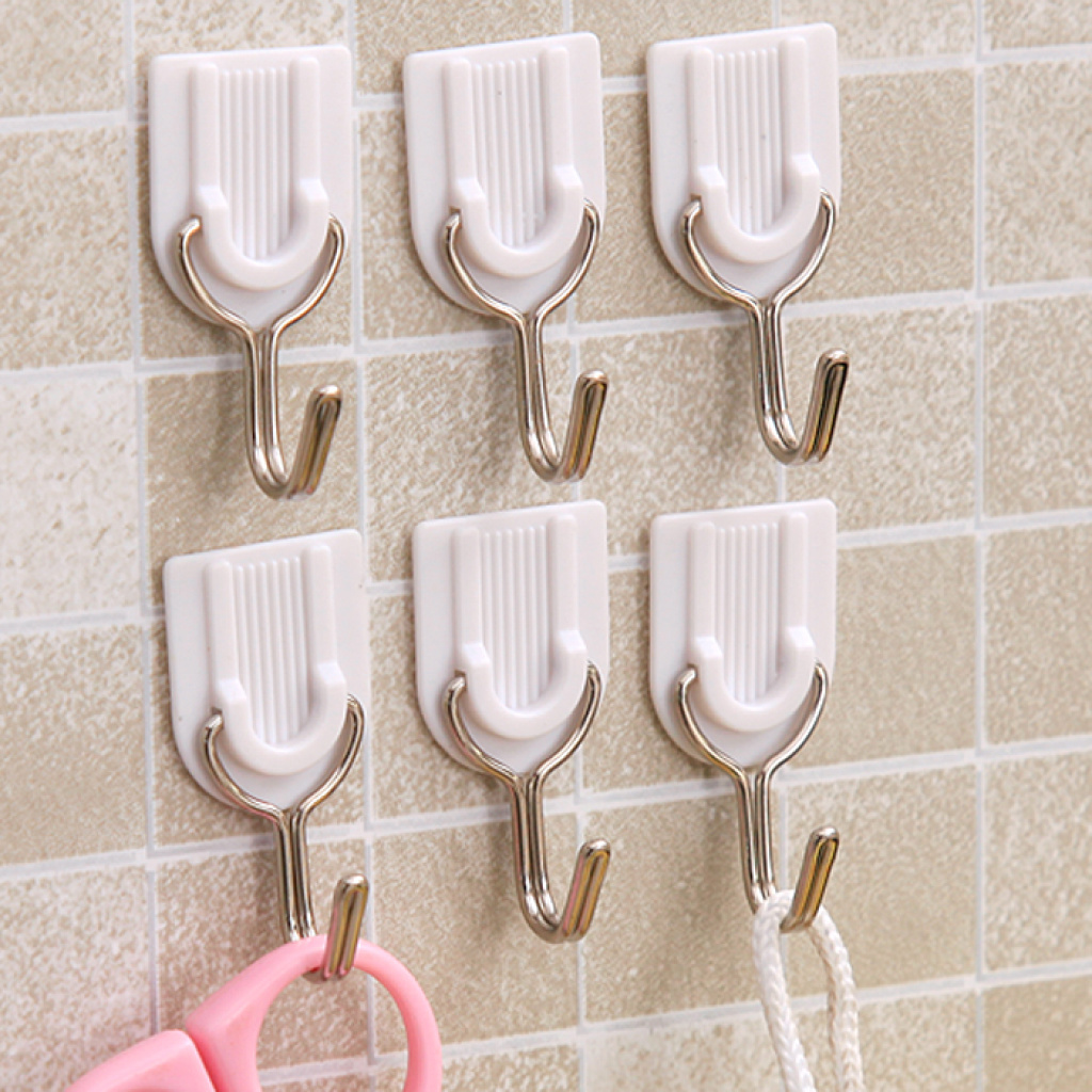 白色强力粘胶挂钩厨房粘钩6个装 墙壁挂承重无痕免钉门后挂钩