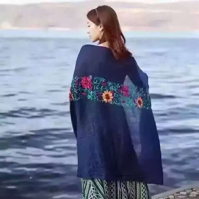 Embroidered Linen Flower Nepal Cotton and Linen Scarf Sunscreen Dual-Purpose Silk Scarf Women's