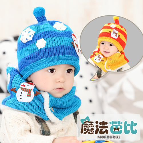 hot selling winter new children‘s snowman woolen cap scarf set fleece-lined baby warm hat children set cap