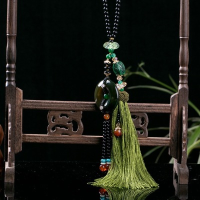 Natural green jade medullary safety buckle tassel car hanging jade dry green accessories high-grade car accessories