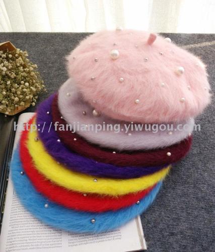 Rabbit Fur Women‘s Knitted Pearl Beret Fashion Pumpkin Hat