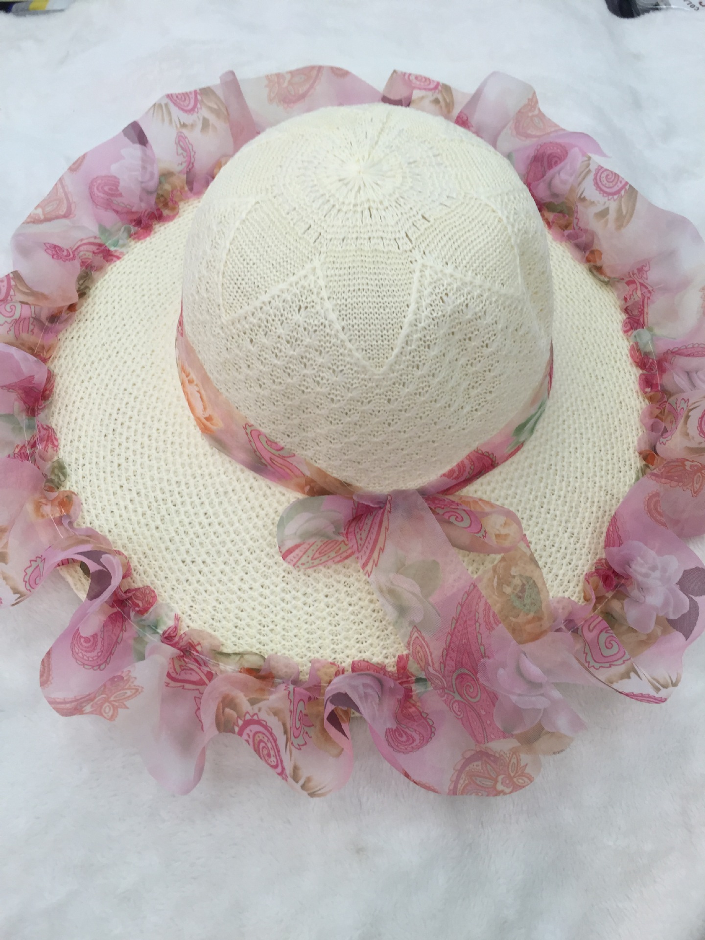 韩版时尚夏天新款女士丝带花双边大沿帽 可折叠防晒沙滩帽子