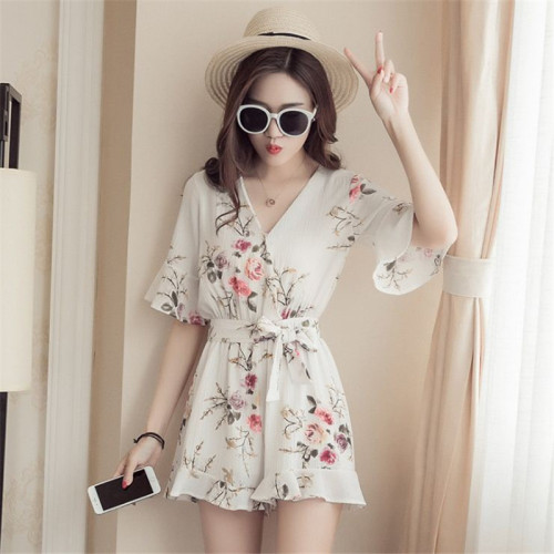 korean style loose five-quarter sleeve floral chiffon one-piece dress for women high waist slimming wide leg dress