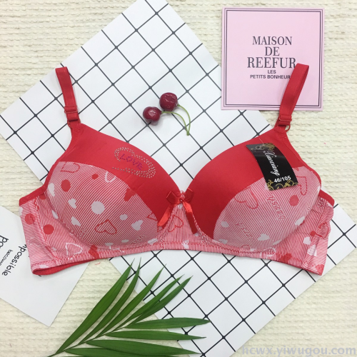 Hot Rhinestone Love Printing Oversized Cup Foreign Trade Bra Women‘s Underwear Spot Factory Direct Sales without Steel Ring Three Breasted 