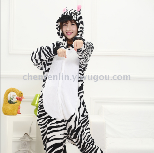 Cute Men‘s and Women‘s Flannel Couple‘s Long-Sleeved Cartoon Animal One-Piece Pajamas Zebra Toilet Version