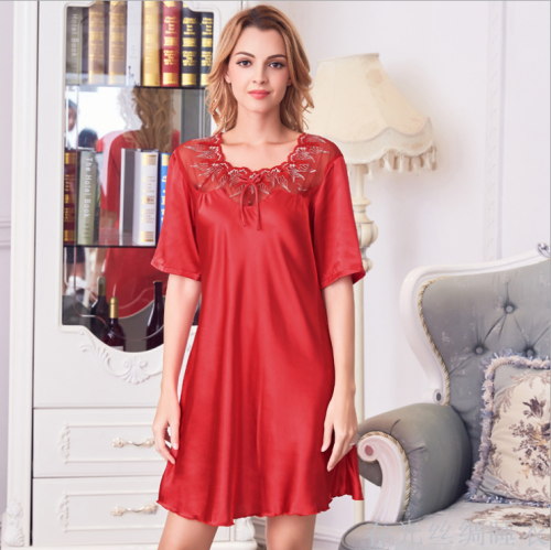 summer women‘s silk-like nightdress round neck sexy see-through short sleeve hollow-out pajamas