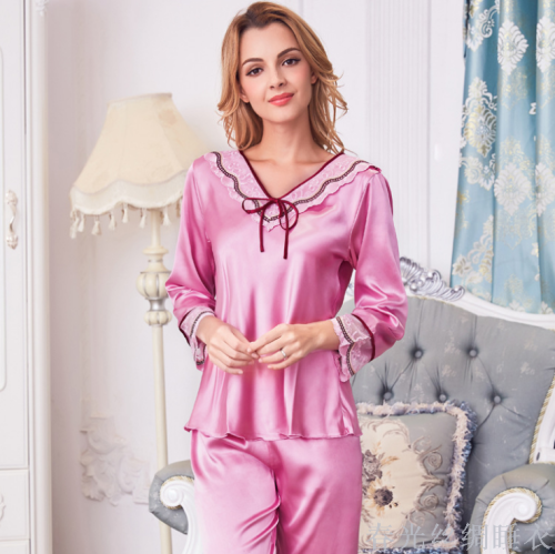 new spring and autumn women‘s artificial silk pajamas bow natural simple long-sleeved pajamas home wear