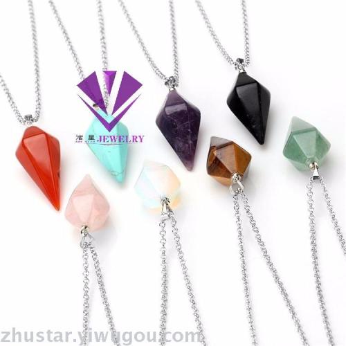 natural stone jewelry ornament， amethyst， colorful agate， crystal， peacock hexagonal cone pendant