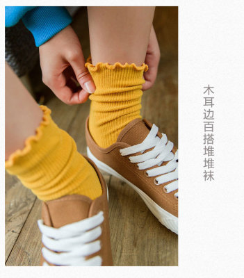 Children socks manufacturers baby in the tube socks solid color wood ear Korean version of the knee girl piled socks