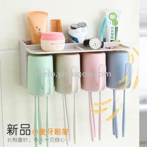 Wheat Straw Family of Four Washing Set with Toothpaste Dispenser （No Trace Stickers）