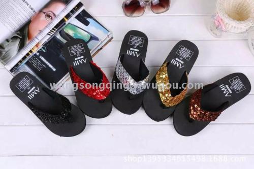 new summer fashion sequin outer wear eva women‘s wedge foreign trade herringbone beach slippers factory in stock