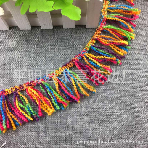 [Factory Direct Sales] Supply Colorful Corrugated Yarn Tassel Lace Spot Korean Ethnic Style Wool Multicolored Tassel