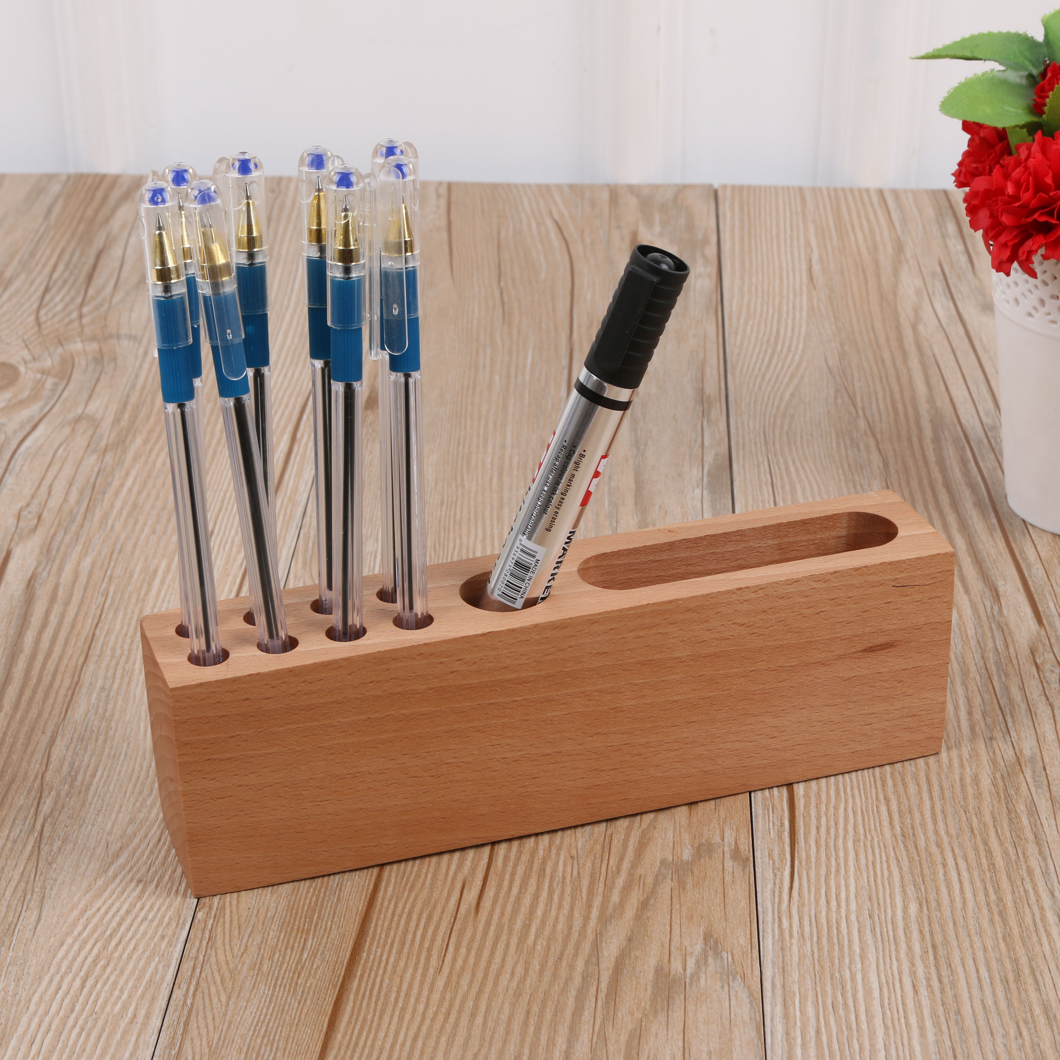 木笔筒笔插 多功能笔座笔搁 办公桌面手机名片收纳盒