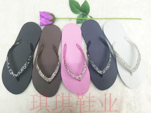 new foreign trade pe women‘s summer shoelace sewing beads rhinestone beach flip flops factory customized logo can be added