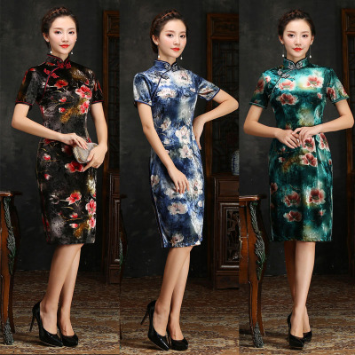 Good fall/winter clothing new collar short sleeve double velvet long Chinese dress cheongsam