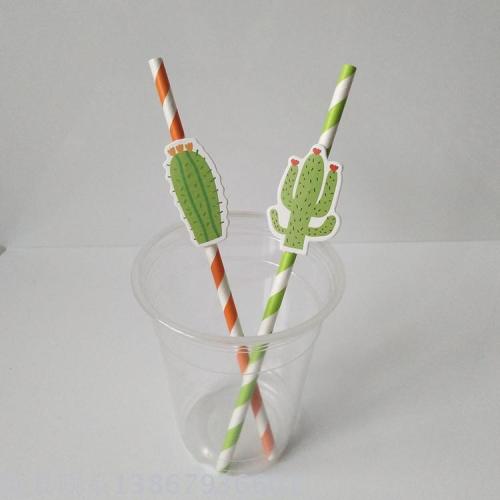 creative theme party straw paper straw decoration props cactus pattern color disposable paper suction
