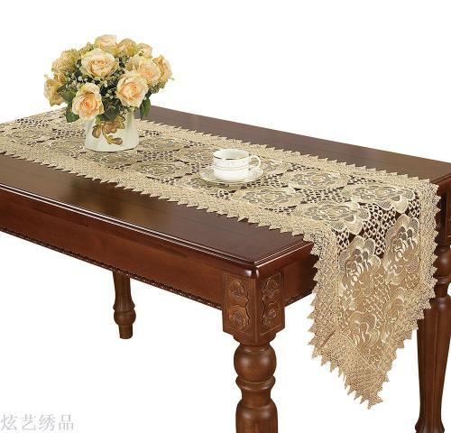 Glass Yarn Full Embroidered Flower Water Soluble Table Cloth Wine Red Tablecloth Tea Table Cloth Table Runner