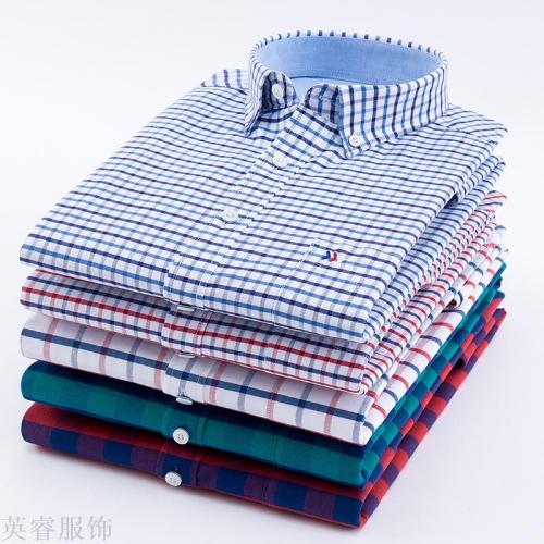 Cotton Plaid Shirt Men‘s Long Sleeve Oxford Shirt Korean Style Slim Fit Trendy Style Cotton Men‘s Clothing