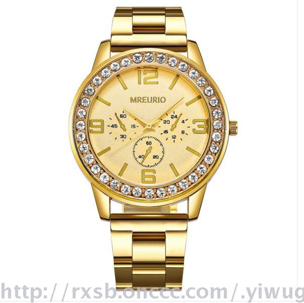 时尚石英女士手表女款钢表带金色水钻大表盘手表