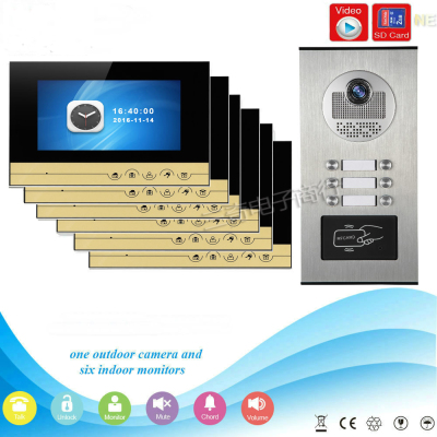Video Intercom 7 inch Monitor Video Door Phone Intercom System RFID Access With Video Recording for 6 Apartment