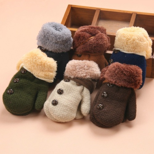 hyatt rabbit winter new children‘s small button cute solid color velvet gloves double thick with lanyard