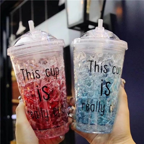 Creative Crushed Ice Cup Summer Water Cup Double Plastic Cup with Straw Sealed Juice Cup Beer Cup Gradient Color Cup