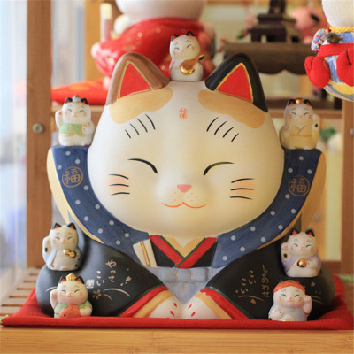 Authentic Japanese medicine up seven blessing god fortune cat kimono large checking ceramic handicraft pieces ysy - 7539