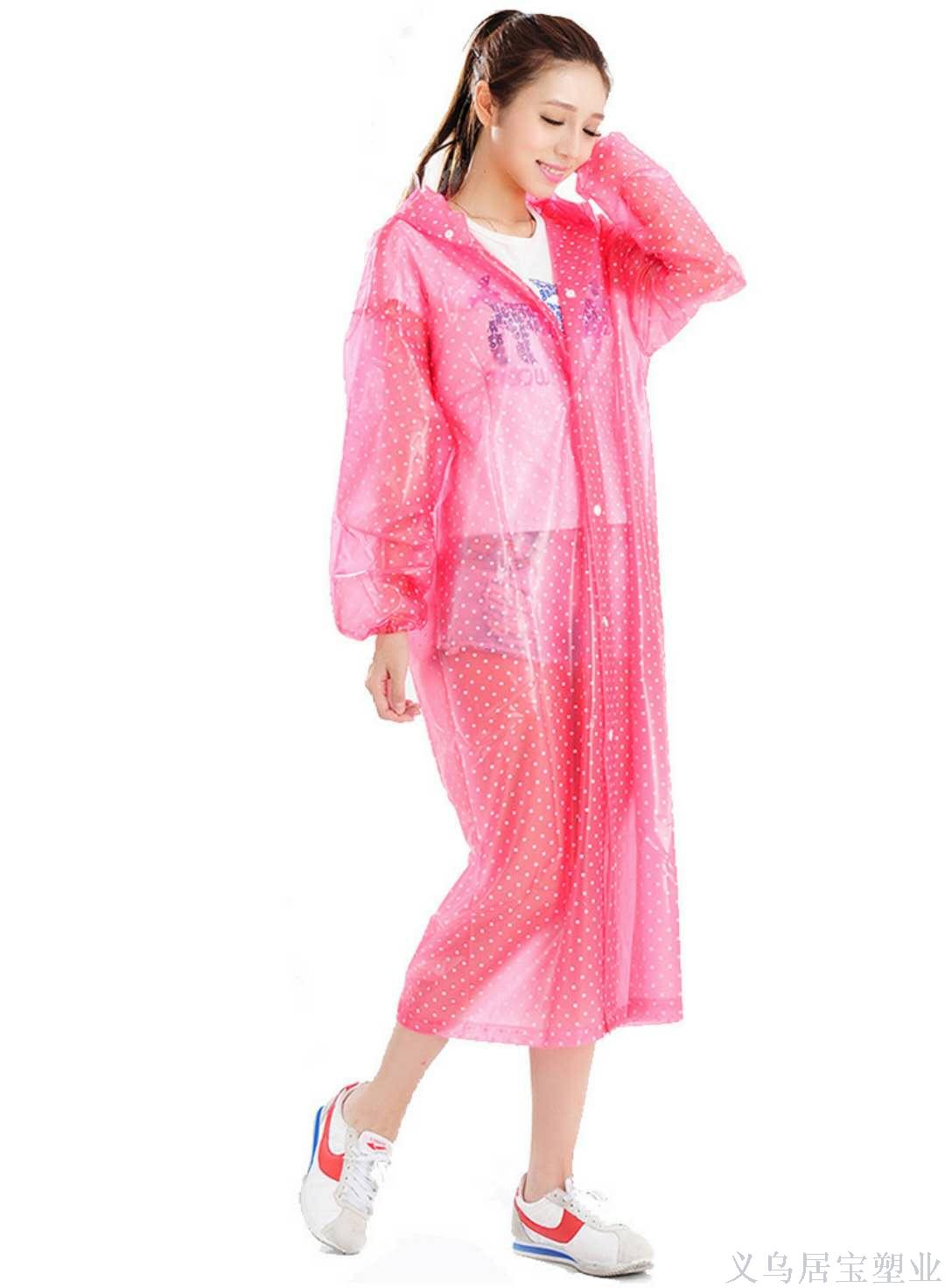 厂家直销户外透明圆点雨衣时尚高弹加厚面料风衣式带帽檐袖子款