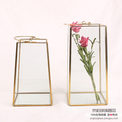 Nordic vintage copper frame laws trapezozoidal Glass Conservatory Hand candlestick Windlamp Wedding decorative storage box