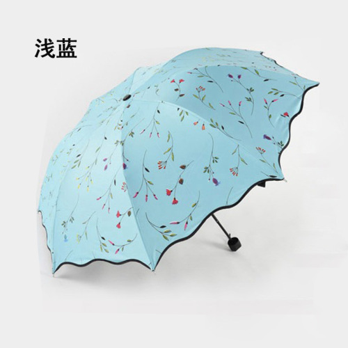 Willow Leaf Blossom Three Fold Sun Protection Black Glue Three Fold Sun Umbrella Wholesale Taobao Hot Sales Student Umbrella