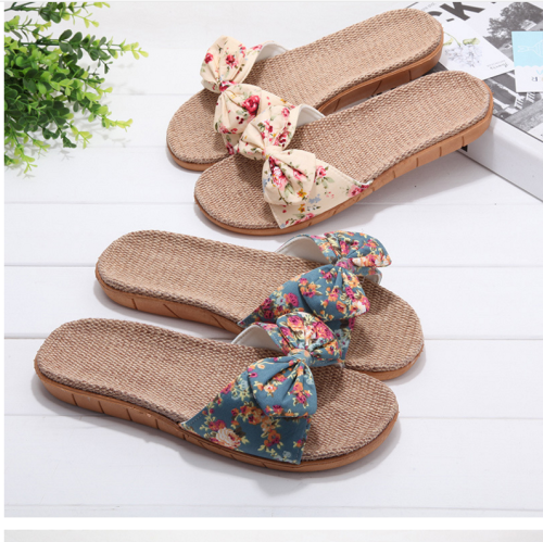 New Girls‘ Butterfly Knot Slippers Linen Breathable Sole Home Slippers