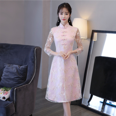 Women's dress ladies' spring new original pink one-word lace a-line skirt with the sleeves of the robe.